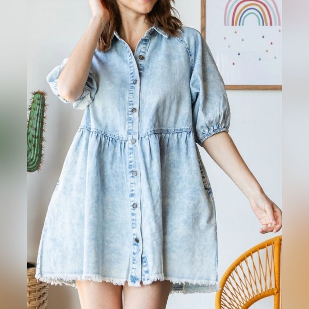 Denim Puff Sleeve , Snap Front Dress, Medium, Oversized